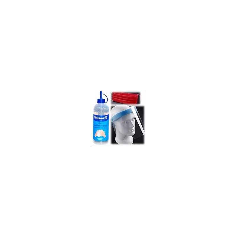 Kit de promoción, gel antibacterial 250ml, cubreboca bicapa y careta con diadema.